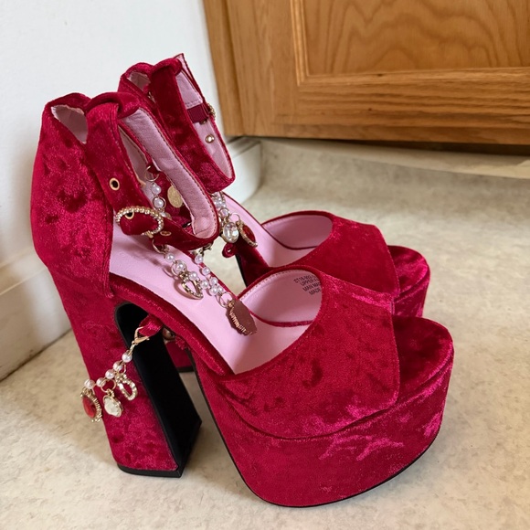 Dolls Kill Red Velvet Platform Heels with Charm Accents - Women's - Picture 4 of 4